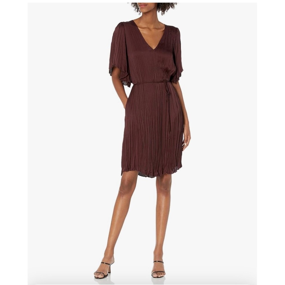 Vince Oxblood Pleated Crushed Satin V-Neck Midi Dress with Pockets Sz Medium